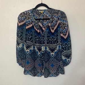 Anthropologie button down blue patterned silk blouse